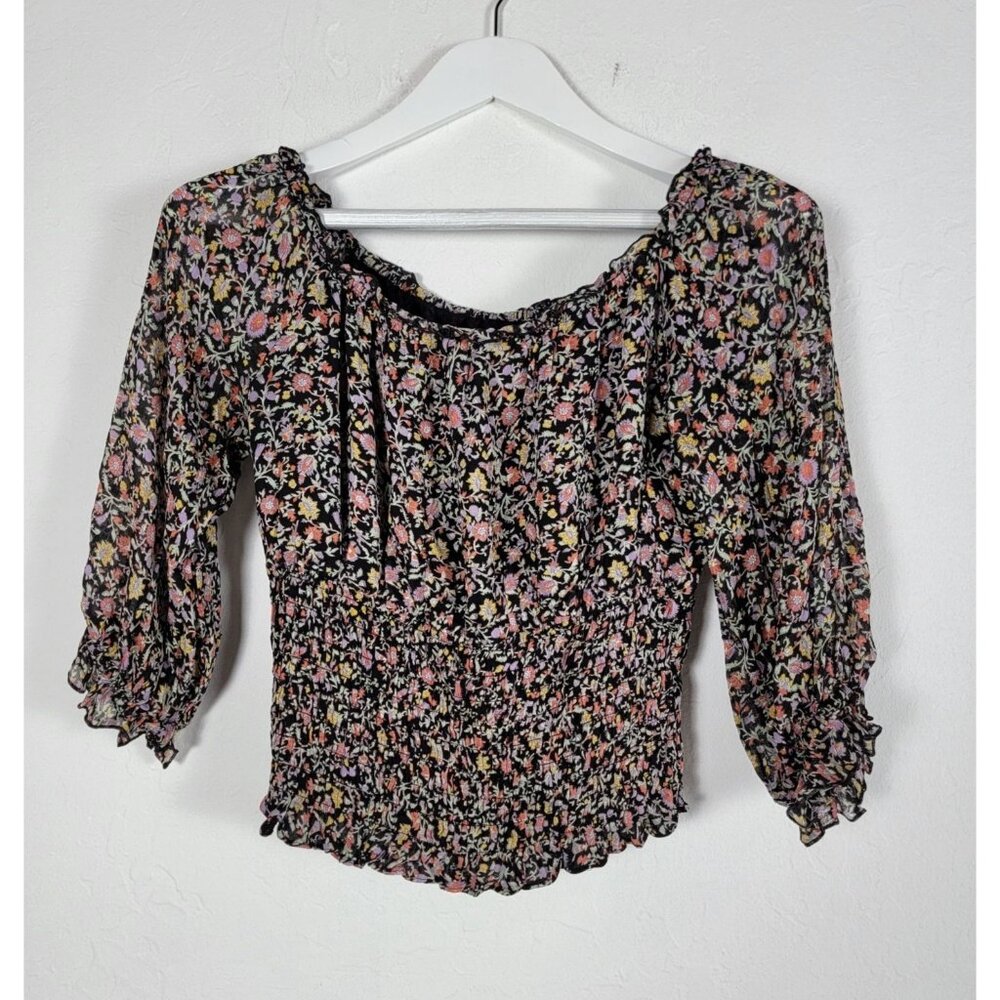 Anthropologie Womens Dark Winter Floral Smocked Off Shoulder Blouse Top Medium
